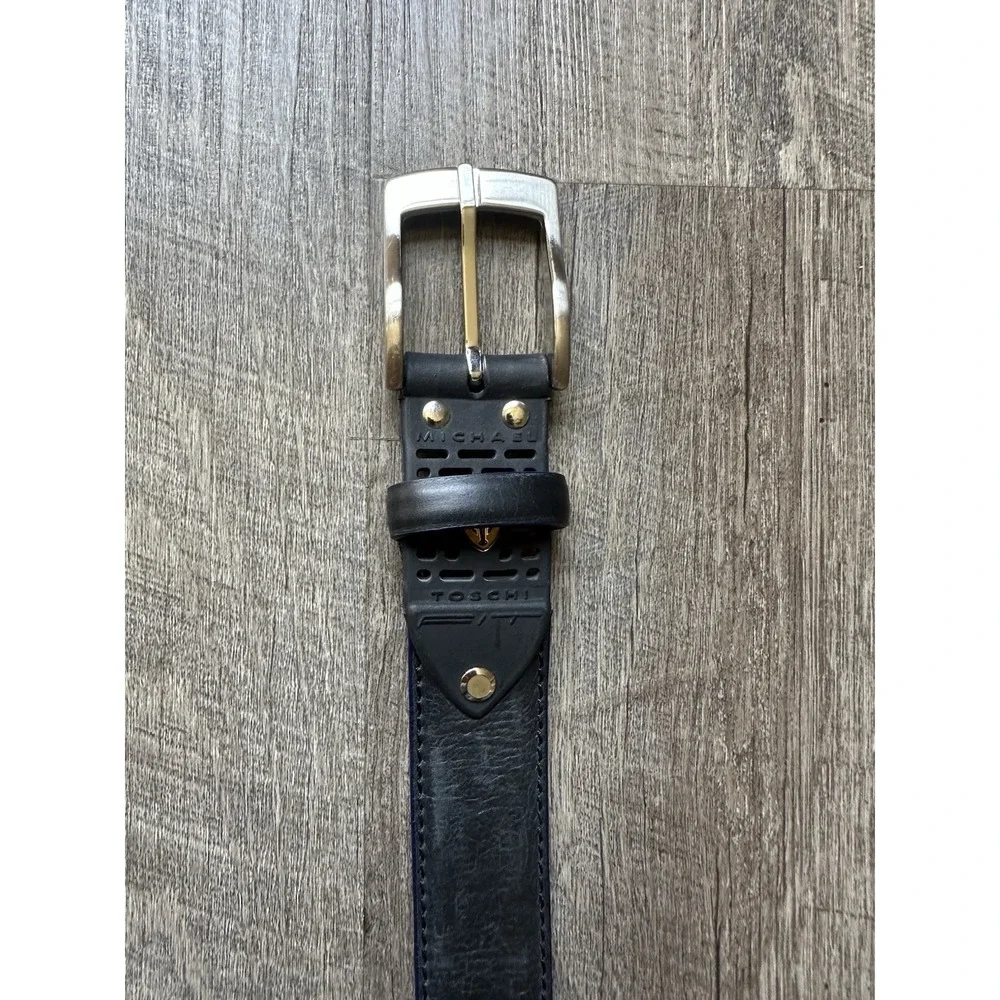 Michael‎ Toschi Black Leather Belt Black Perforated Rubber Section 40 EXCELLENT